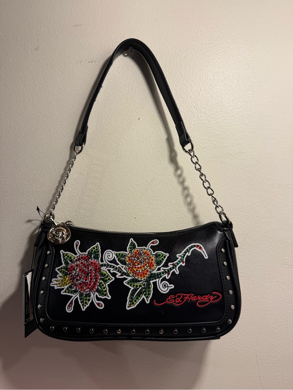 Ed Hardy shoulder crossbody Bag rhinestone roses New